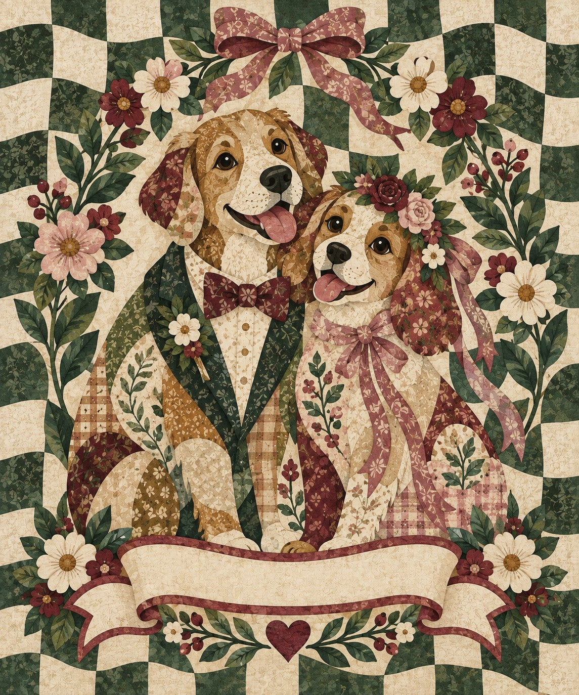 Heirloom Ribbon Dog Couple Name Blanket artwork — a retriever groom and his spaniel bride under a pink ribbon bow, on a green checker quilt, with a blank ribbon banner for your names and date