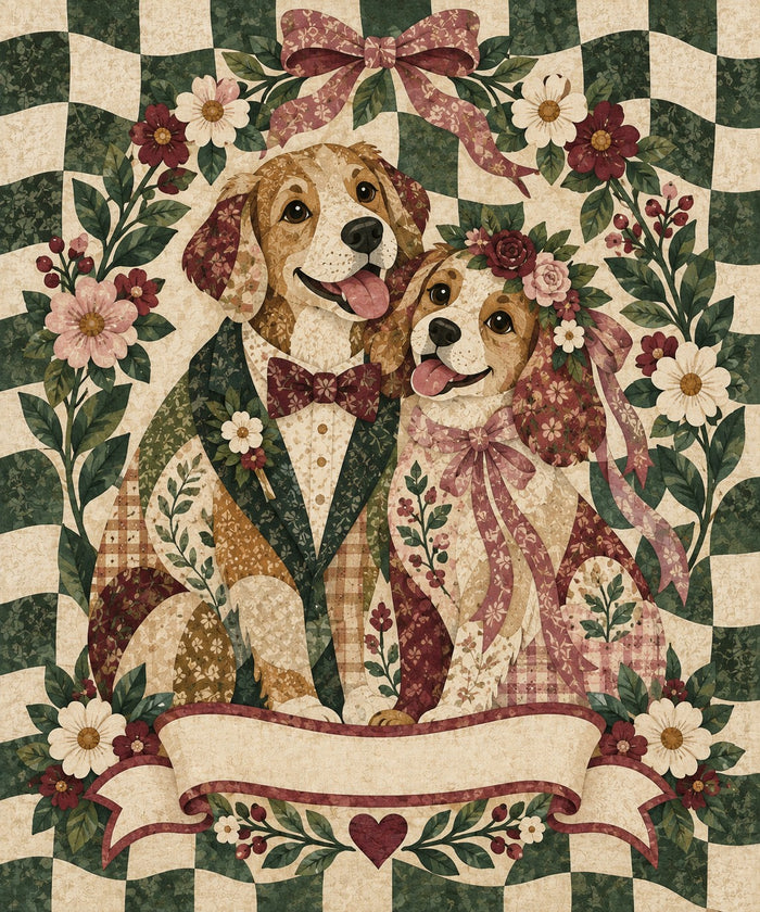 Heirloom Ribbon Dog Couple Name Blanket artwork — a retriever groom and his spaniel bride under a pink ribbon bow, on a green checker quilt, with a blank ribbon banner for your names and date