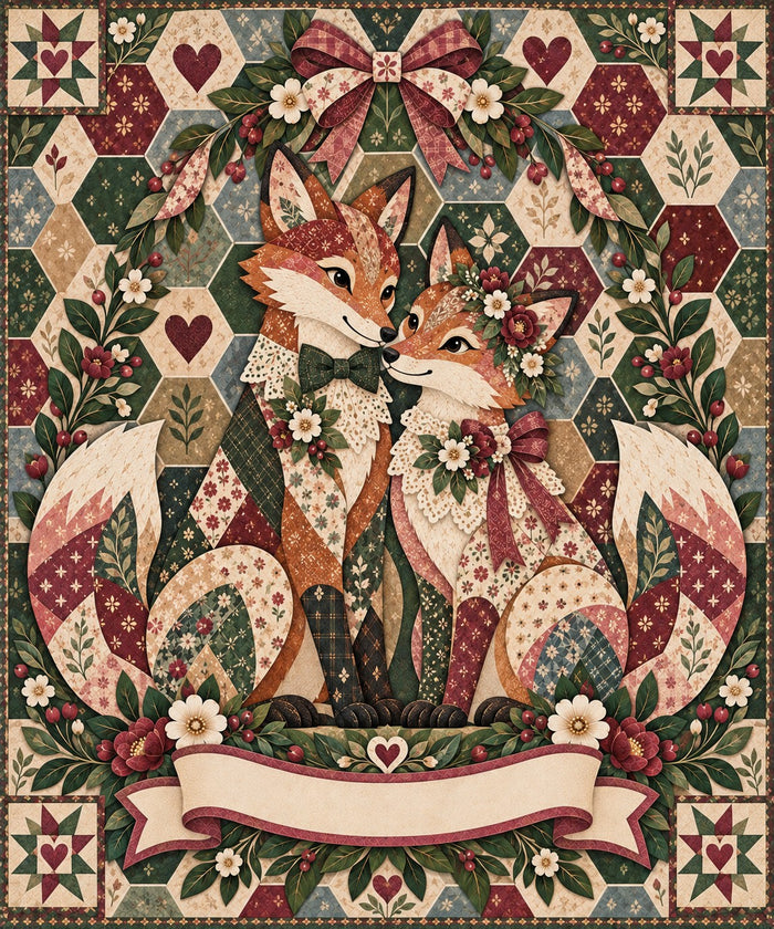 Heirloom Ribbon Fox Couple Name Blanket artwork — a fox couple with ribbons and a flower crown, framed by stars, hearts and hexagon patchwork, with a blank ribbon banner for your names and date