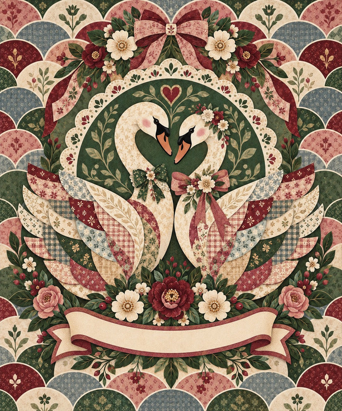 Heirloom Ribbon Swan Couple Name Blanket artwork — two swans in a lace-edged arch with a burgundy bloom, on a scalloped heirloom quilt, with a blank ribbon banner for your names and date