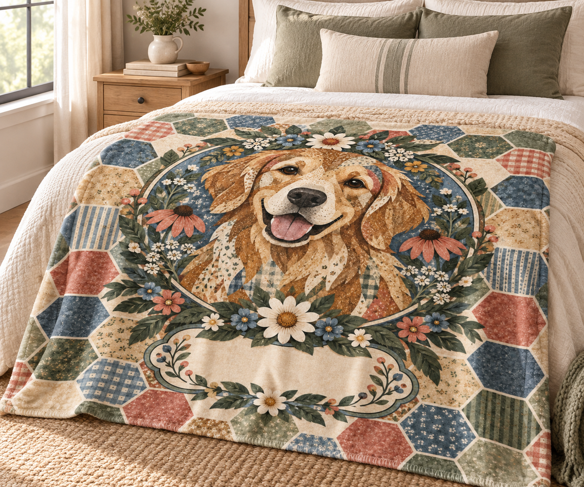Wildflower Crown Golden Retriever Name Blanket on a made bed