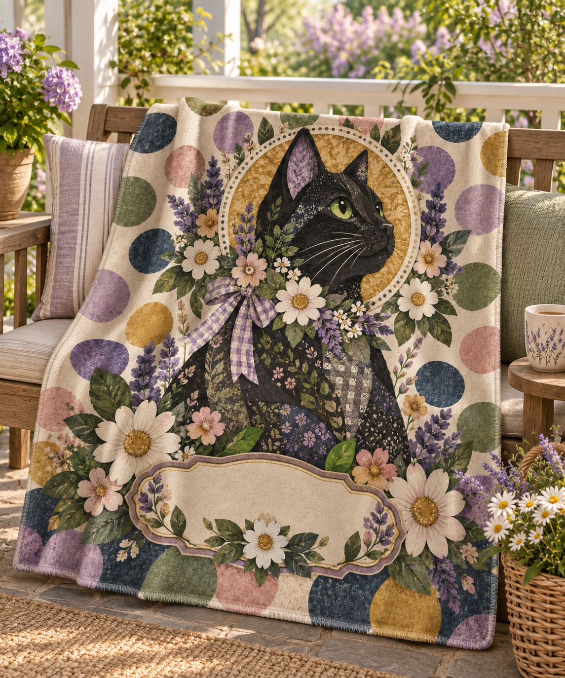 Wildflower Crown Tabby Cat Name Blanket on a made bed