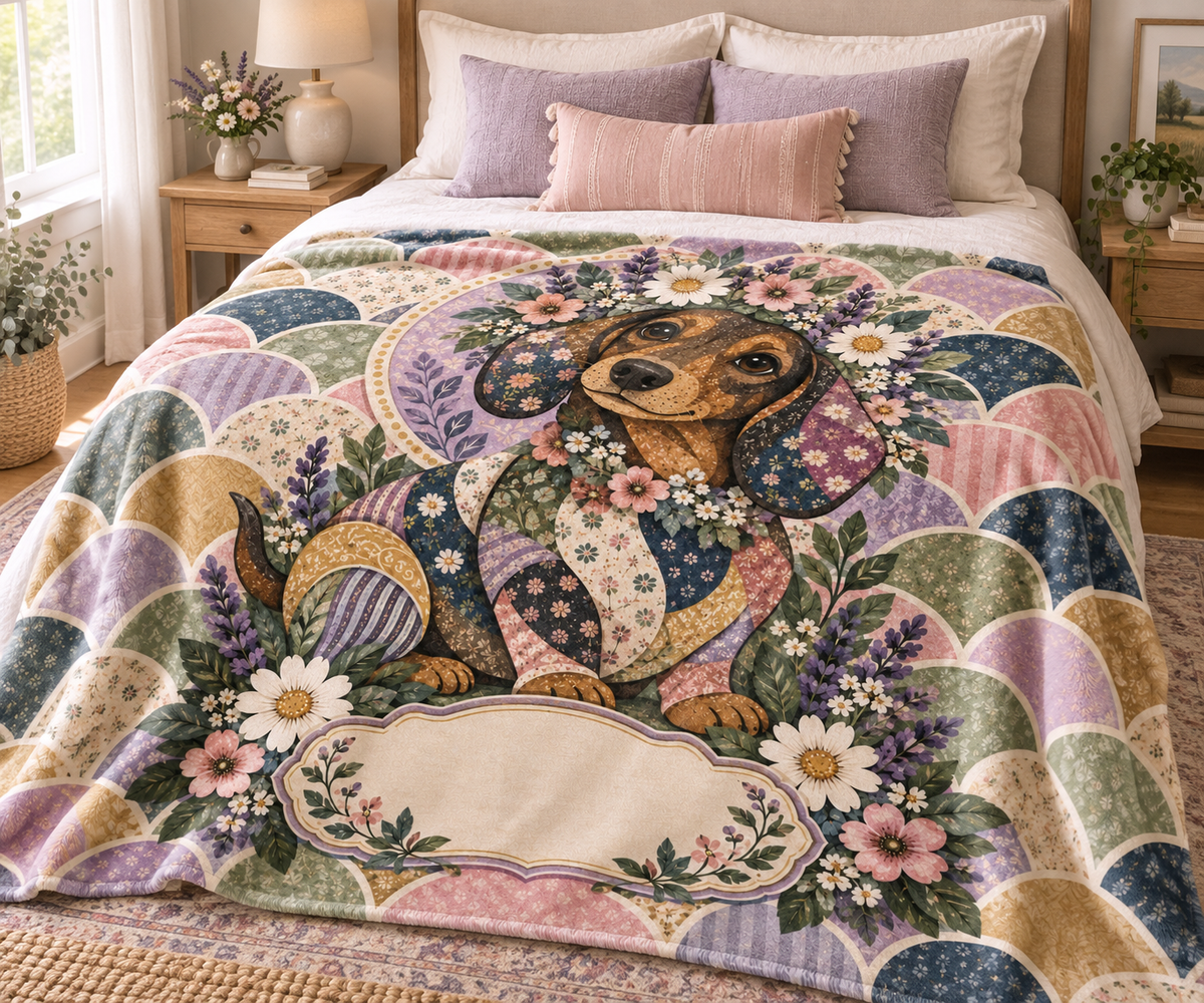 Wildflower Crown Dachshund Name Blanket on a made bed
