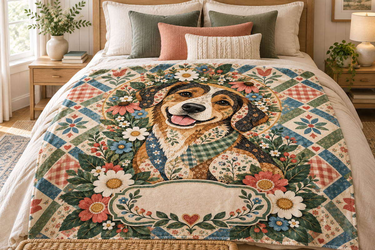 Wildflower Crown Beagle Name Blanket on a made bed