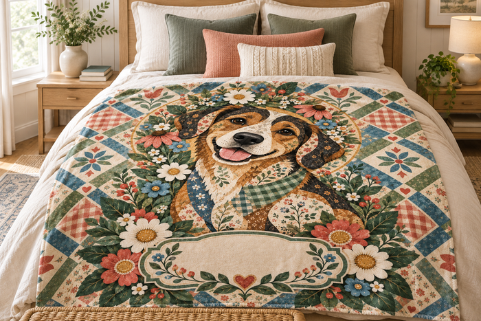 Wildflower Crown Beagle Name Blanket on a made bed