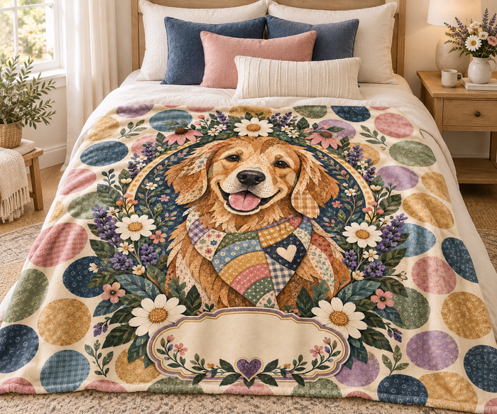 Patchwork Scarf Golden Retriever Name Blanket on a made bed