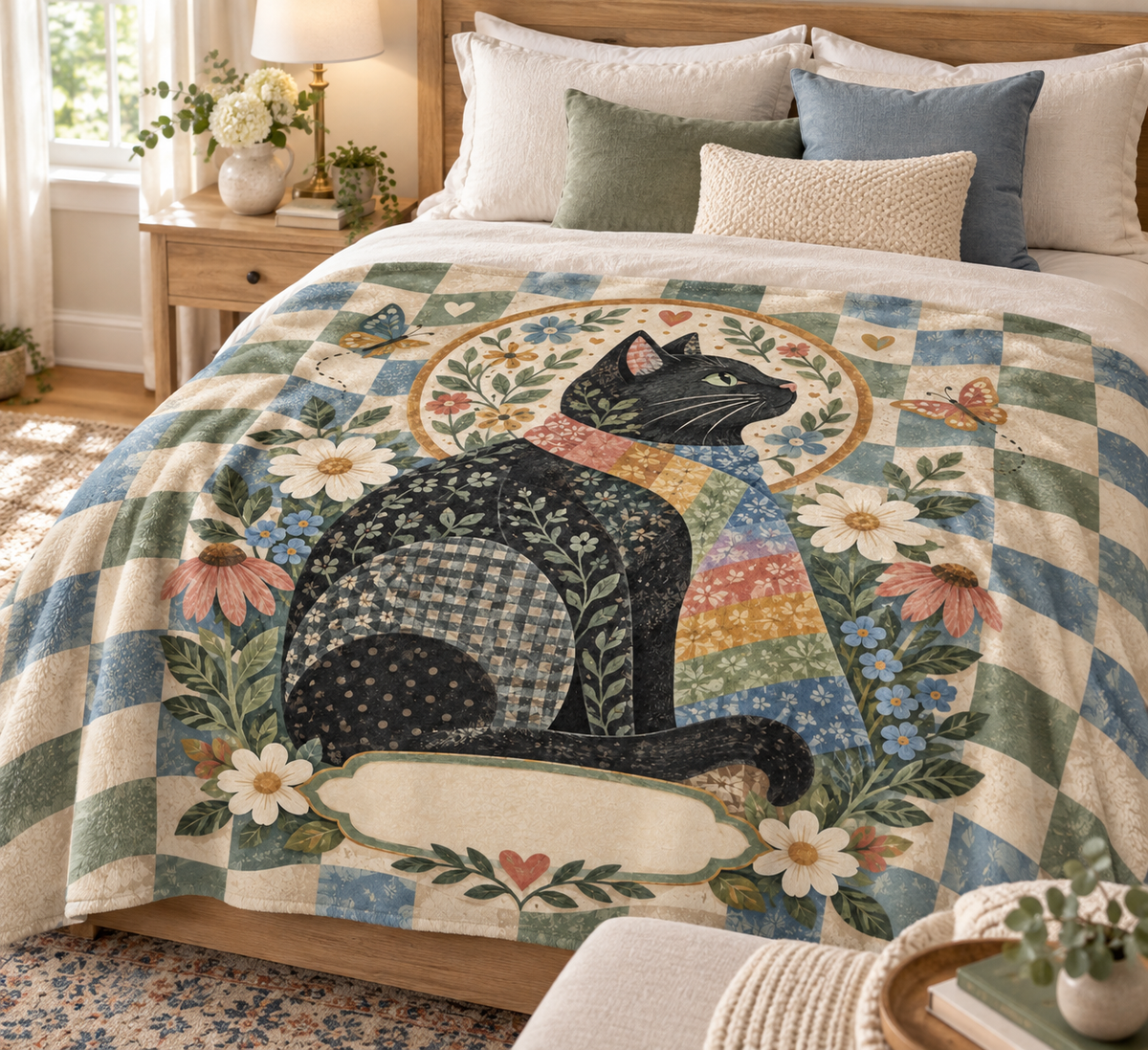 Patchwork Scarf Black Cat Name Blanket on a made bed