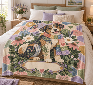 Patchwork Scarf Australian Shepherd Name Blanket on a made bed
