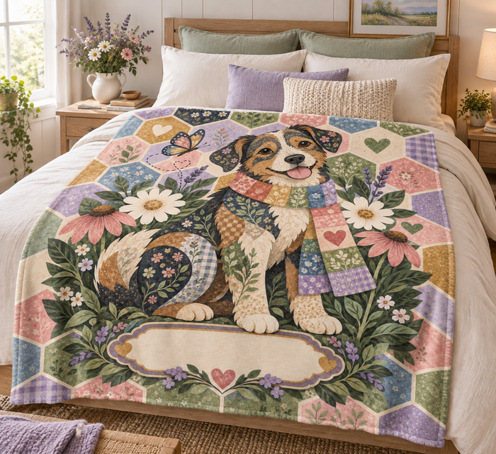 Patchwork Scarf Australian Shepherd Name Blanket on a made bed