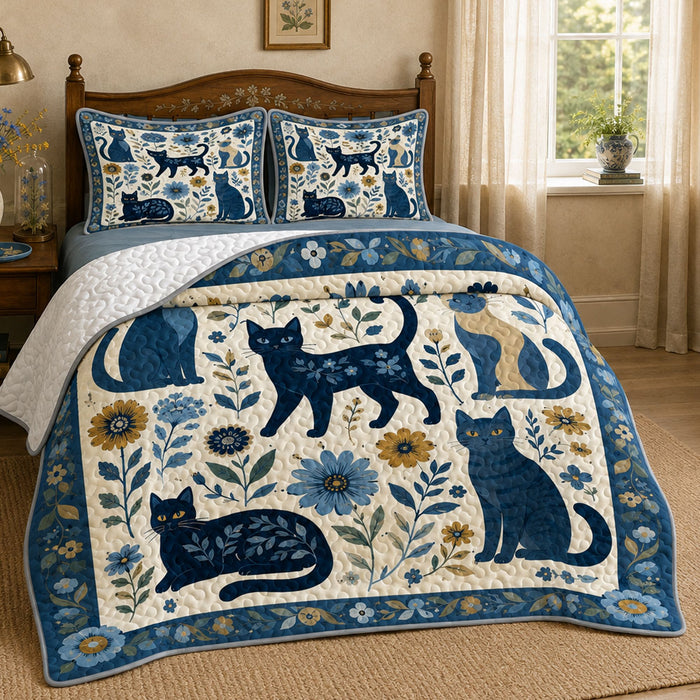 PawMoM indigo folk cats quilt set