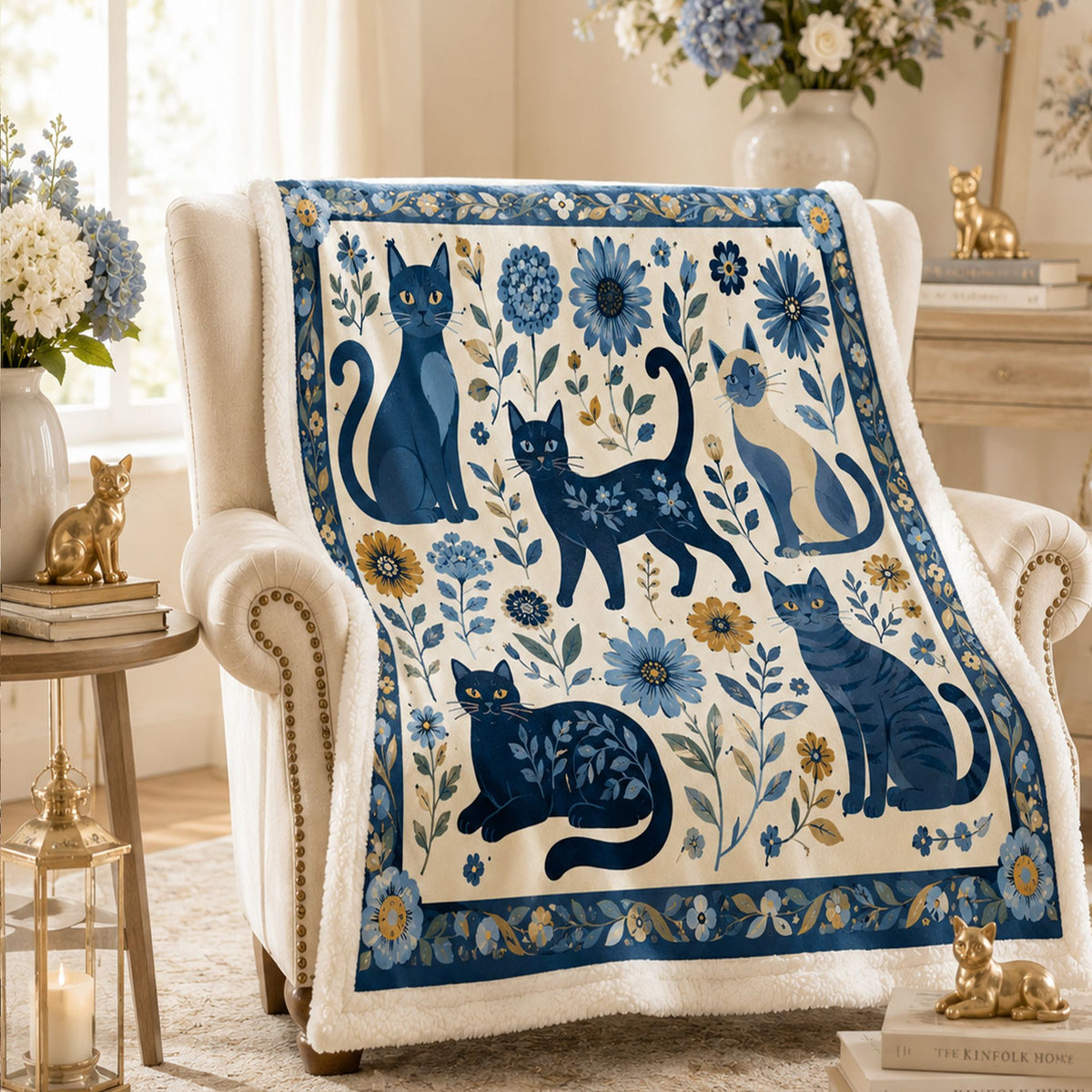 PawMoM indigo folk cats sherpa blanket