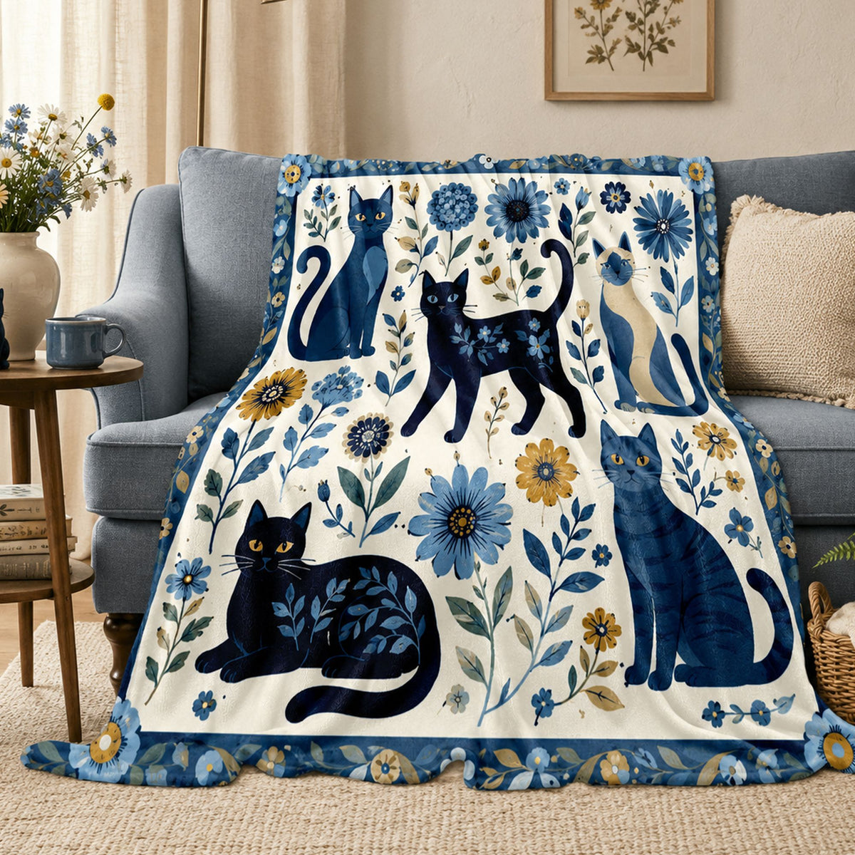 PawMoM indigo folk cats soft throw blanket