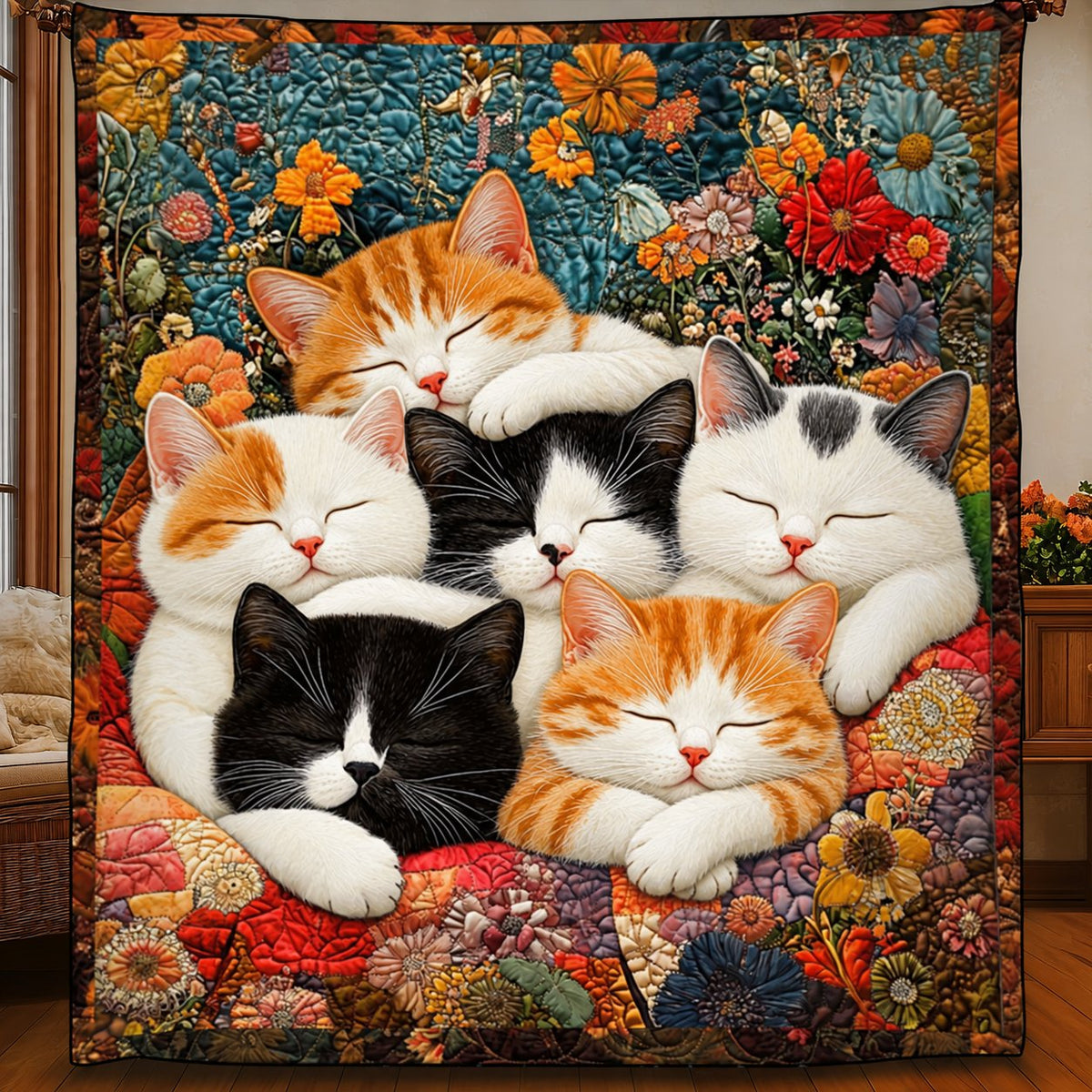 Kitten Nap Pile quilt – quilt showing a pile of sleeping ginger, black and white kittens on a floral patchwork
