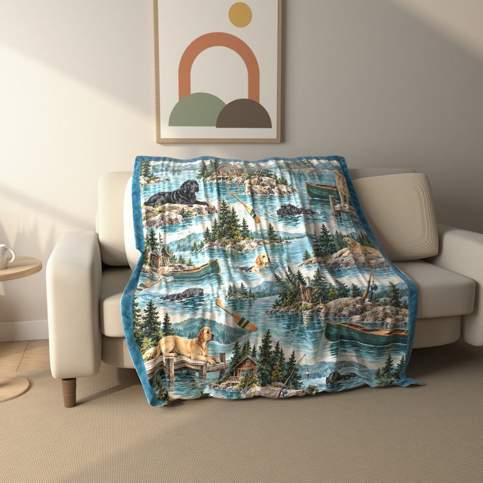 Lake House Labradors fleece throw blanket draped over a sofa