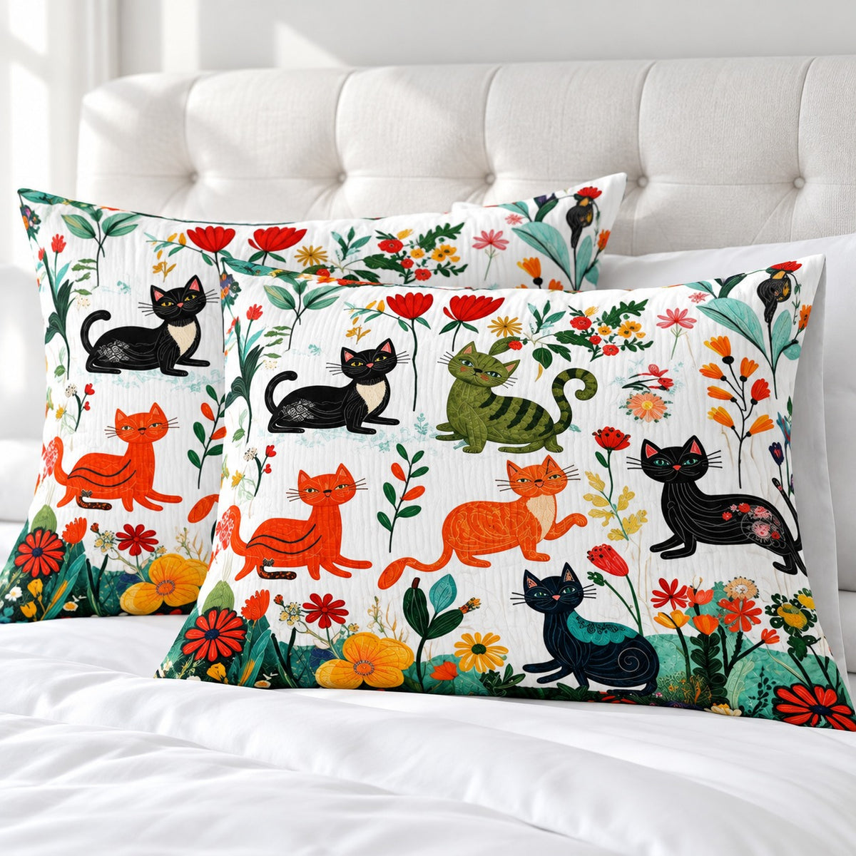Meadow Play Cats pillowcases – set of two printed envelope pillowcases on a white bed