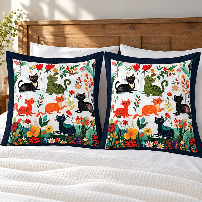 Meadow Play Cats pillow shams – set of two flanged shams against a wooden headboard