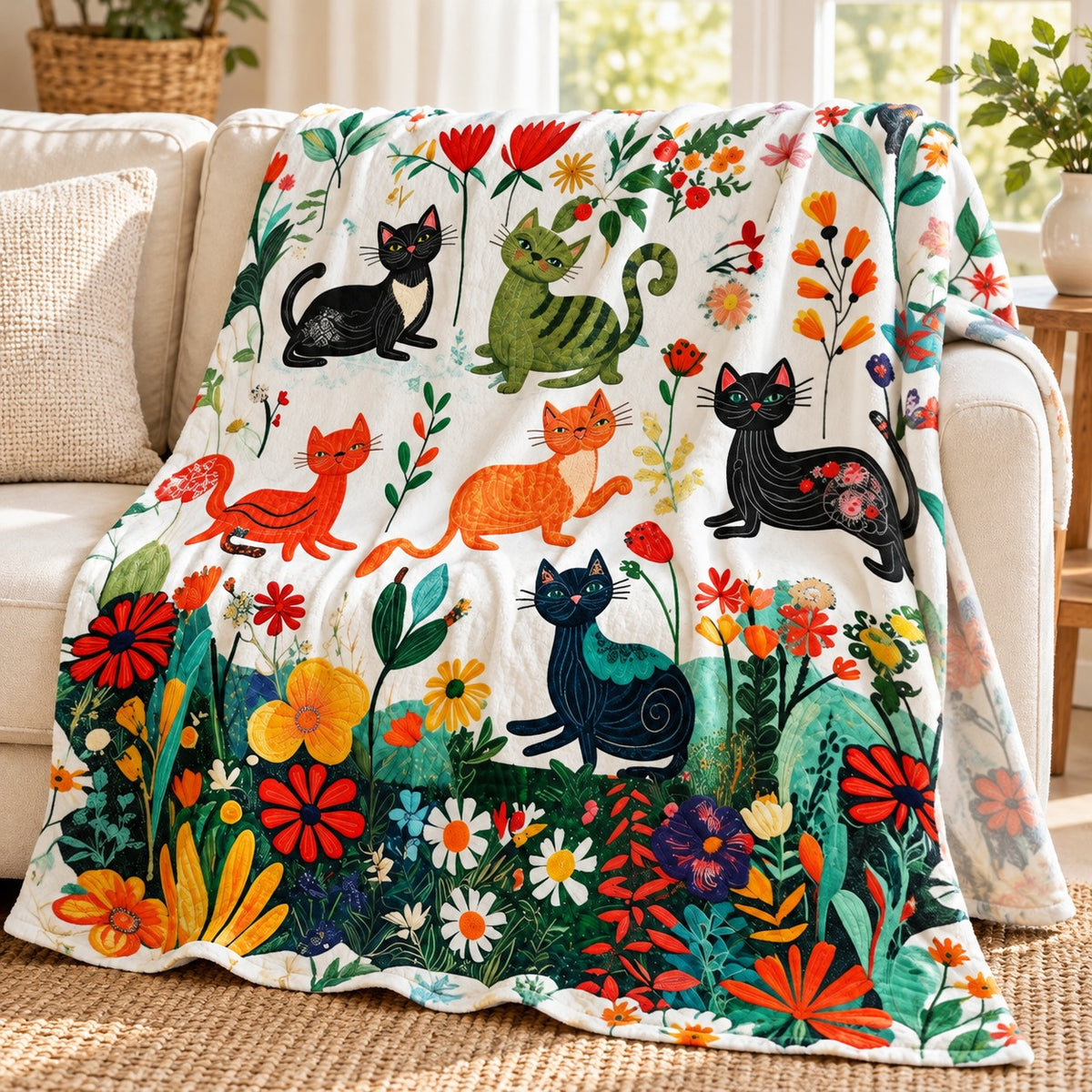 Meadow Play Cats throw blanket – lightweight printed flannel fleece draped over a cream sofa