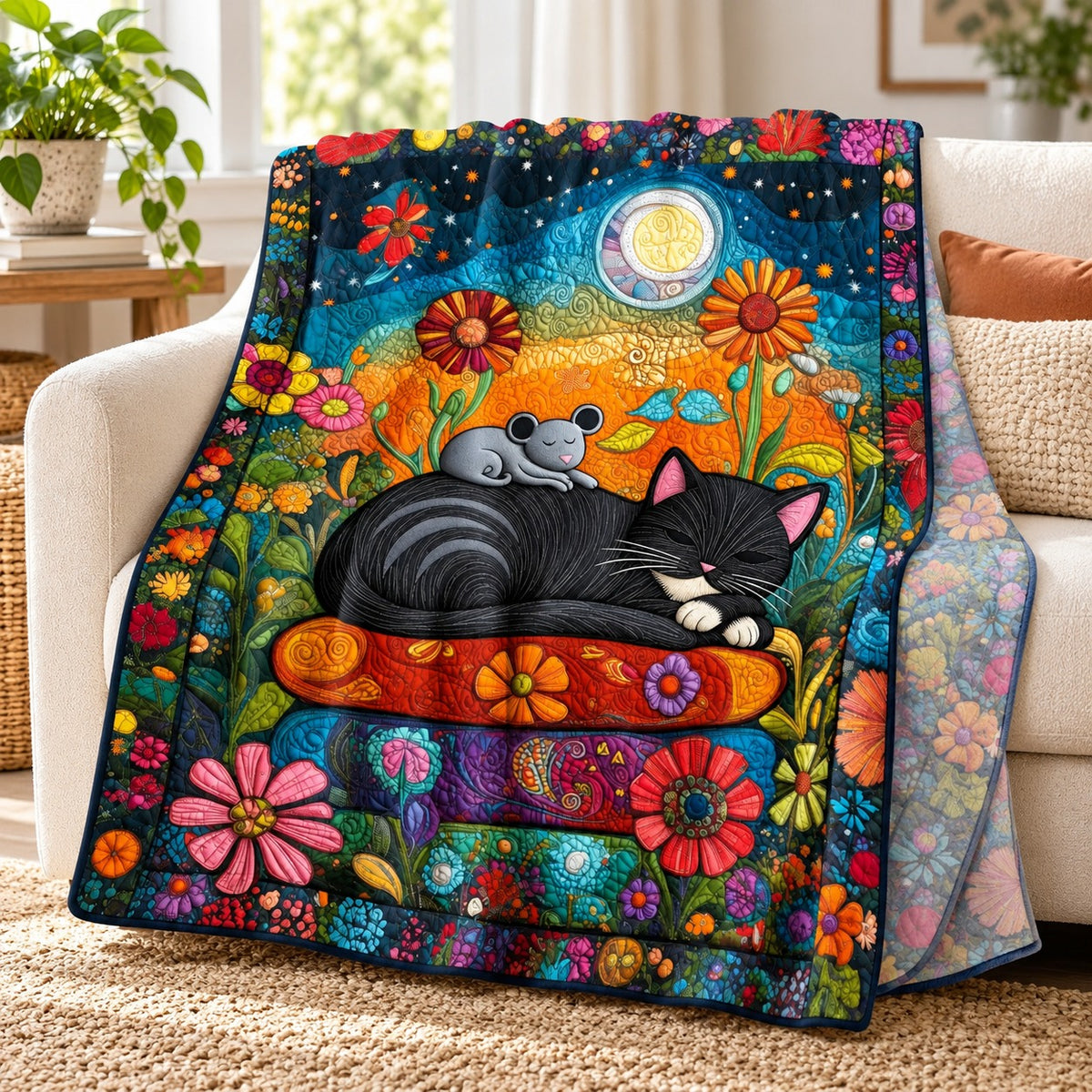Moonlit Pillow Black Cat throw blanket – lightweight printed flannel fleece draped over a cream sofa