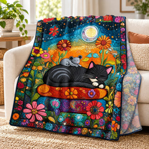 Moonlit Pillow Black Cat throw blanket – lightweight printed flannel fleece draped over a cream sofa