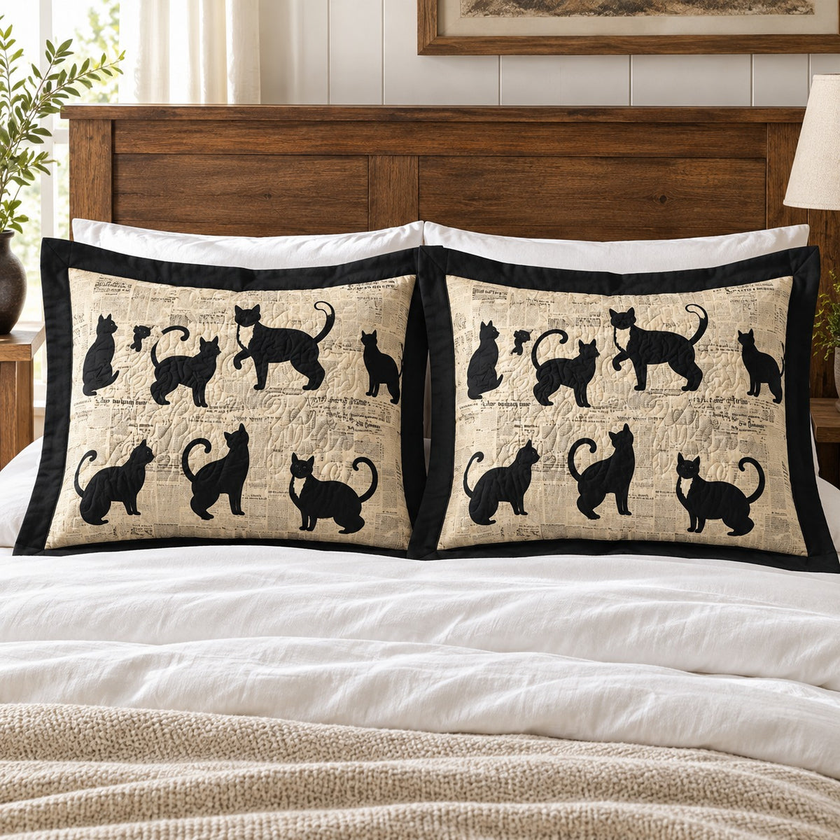 Newsprint Black Cats pillow shams – set of two flanged shams against a wooden headboard