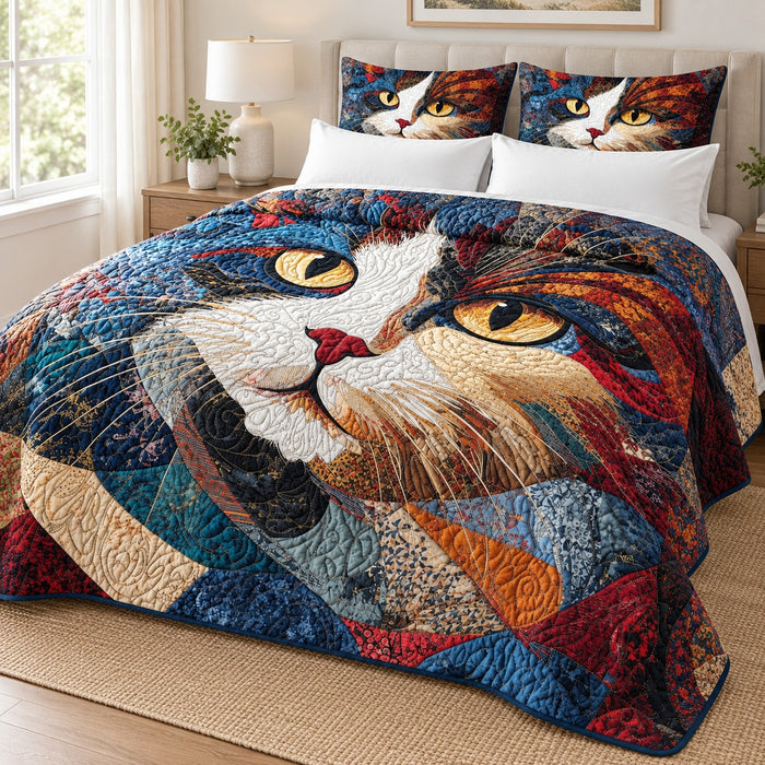 Patchwork Calico Portrait quilt set – quilt and two matching shams on a queen bed in a bright neutral bedroom