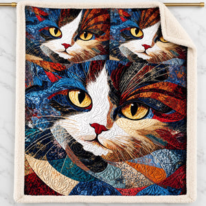 Patchwork Calico Portrait sherpa fleece blanket – printed flannel front with plush cream sherpa back, hanging on a gold rod