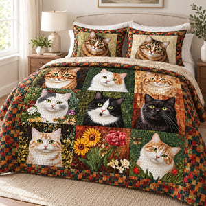 Patchwork Cat Portraits quilt set – quilt and two matching shams on a queen bed in a bright neutral bedroom