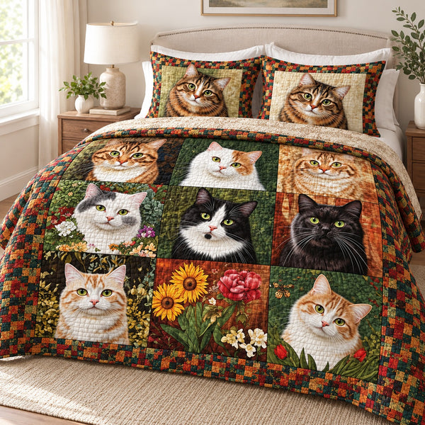 Patchwork Cat Portraits quilt set – quilt and two matching shams on a queen bed in a bright neutral bedroom