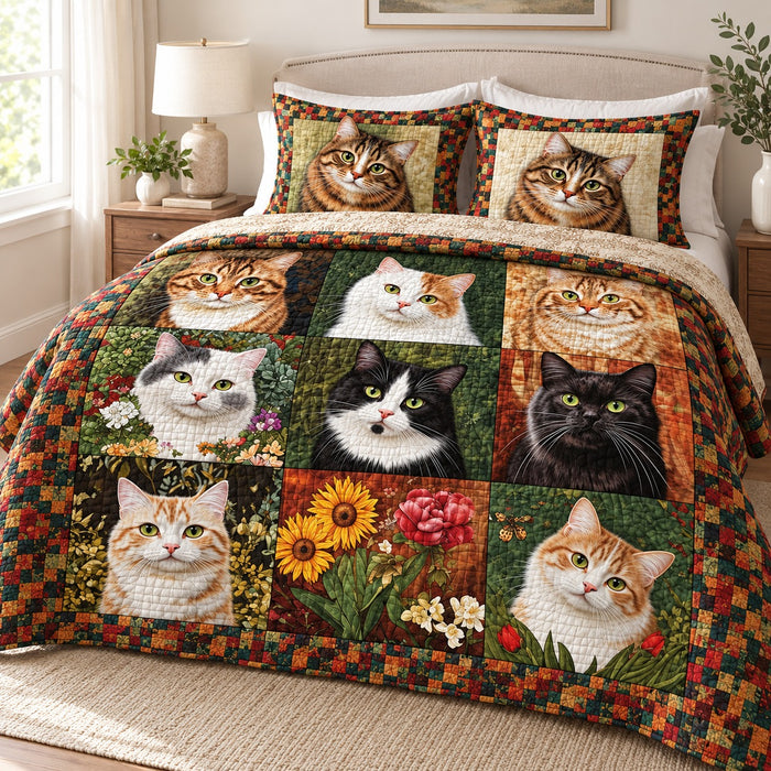 Patchwork Cat Portraits quilt set – quilt and two matching shams on a queen bed in a bright neutral bedroom