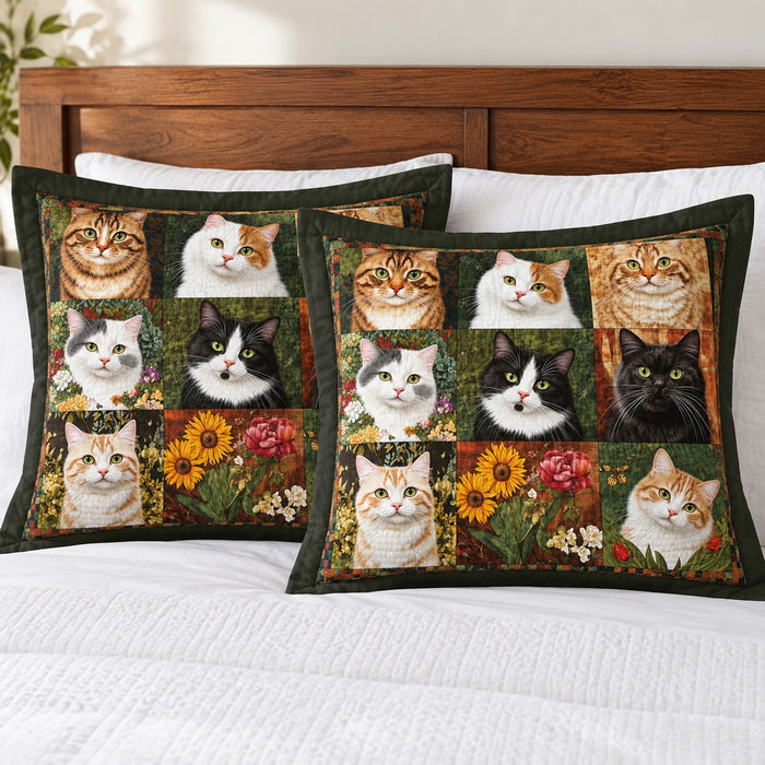 Patchwork Cat Portraits pillow shams – set of two flanged shams against a wooden headboard