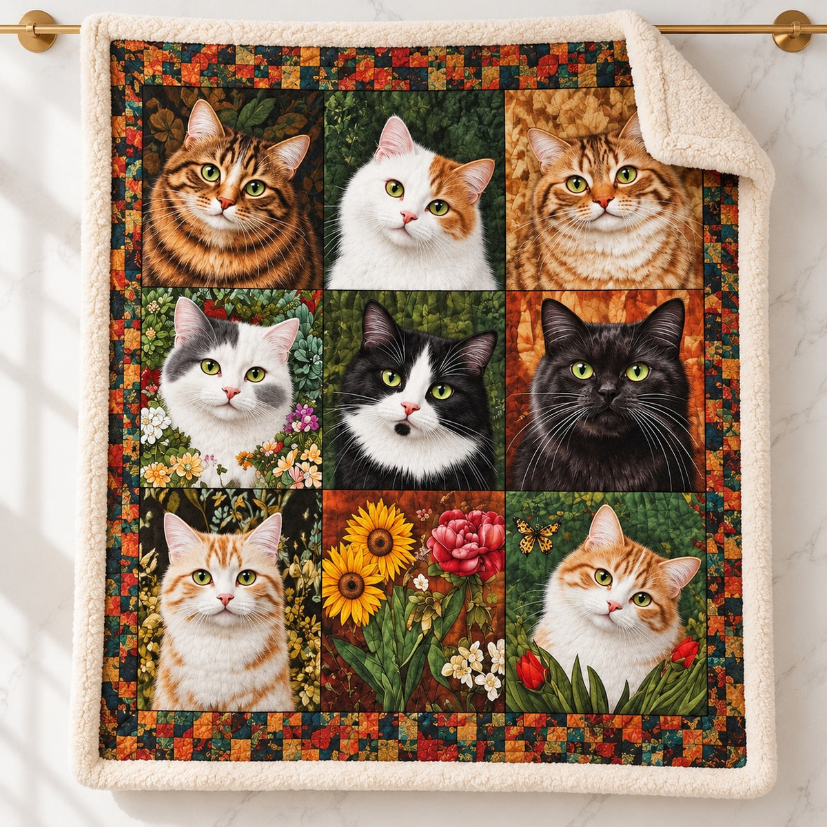 Patchwork Cat Portraits sherpa fleece blanket – printed flannel front with plush cream sherpa back, hanging on a gold rod
