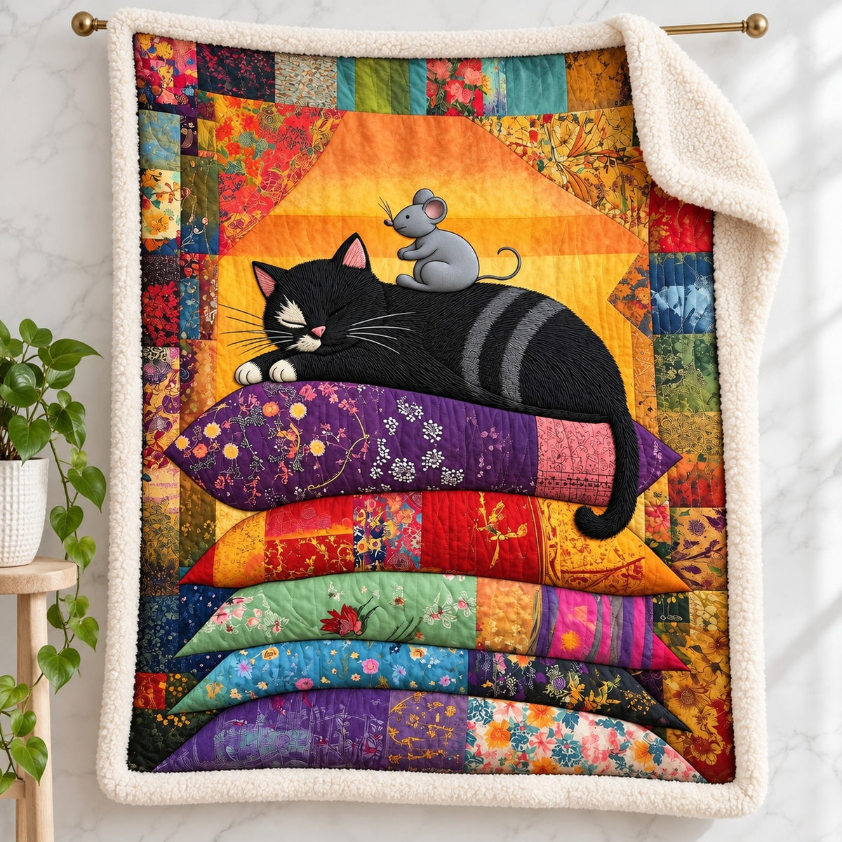 Patchwork Pillow Black Cat sherpa fleece blanket – printed flannel front with plush cream sherpa back, hanging on a gold rod