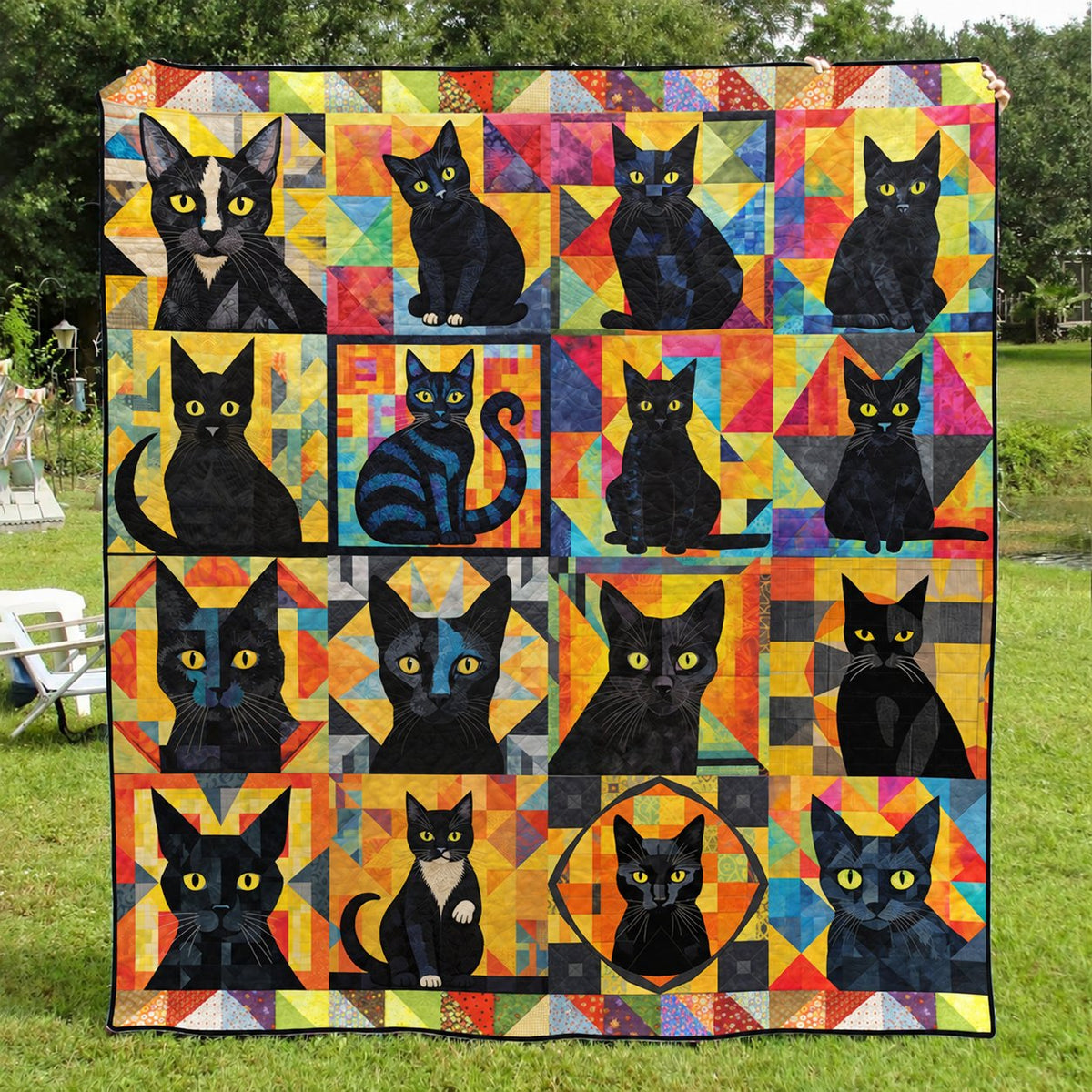 Patchwork Portrait Black Cats quilt – bright patchwork quilt with many yellow-eyed black cats in colourful squares