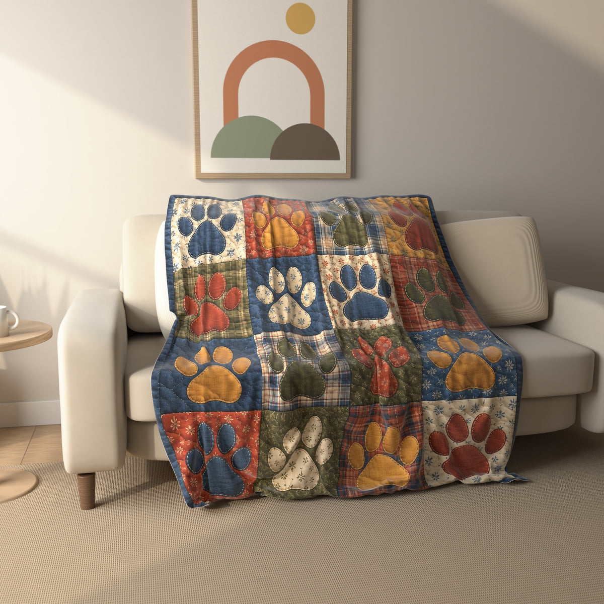 Paw Print Patchwork Dog fleece throw blanket draped over a sofa