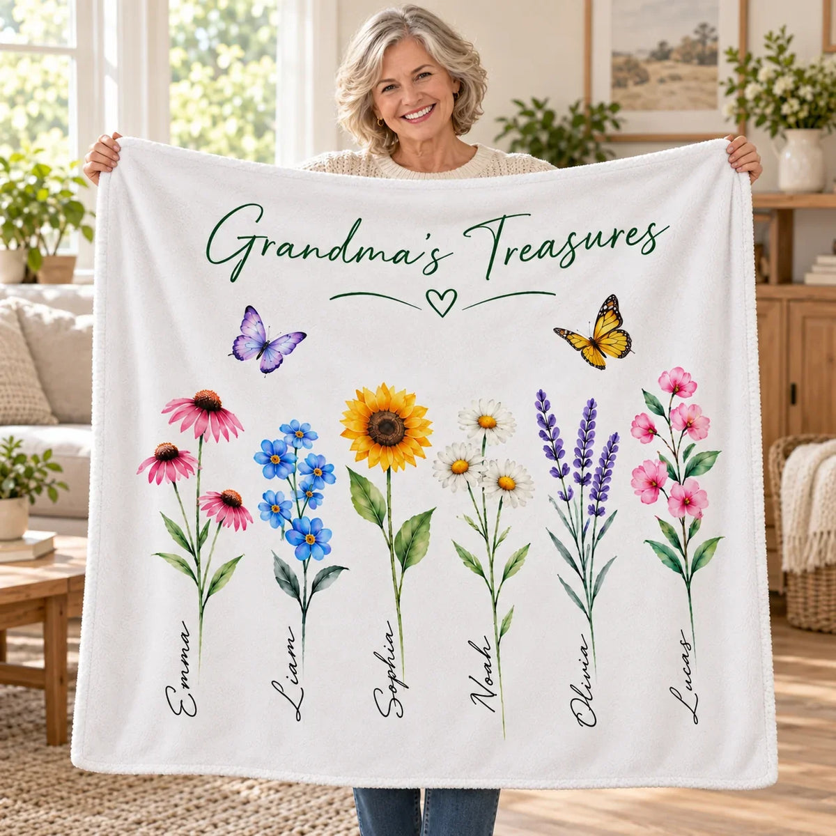 Person holding the Grandma's Treasures flower blanket