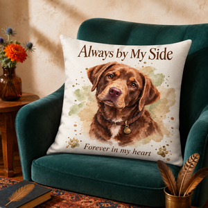 Always by My Side cushion cover on an armchair. A soft watercolour portrait of the dog you are still not over.