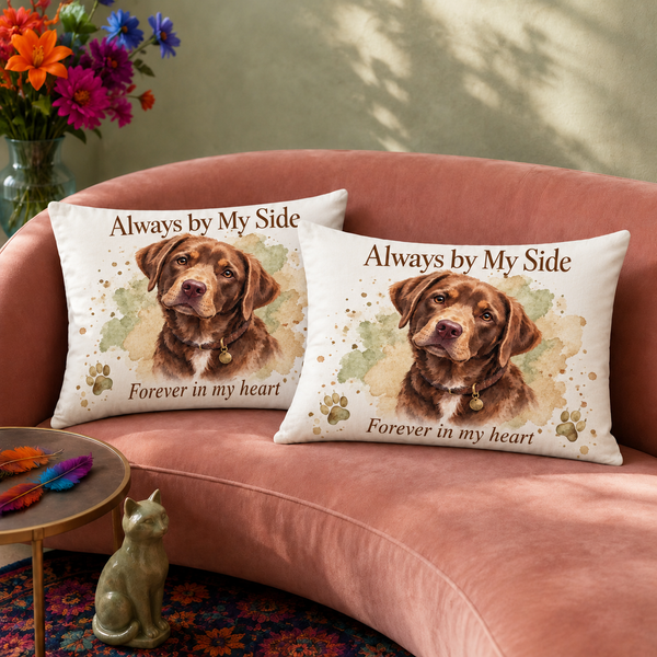 Always by My Side pillowcase set — two printed pillowcases on a sofa. A soft watercolour portrait of the dog you are still not over.