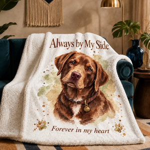 Always by My Side sherpa blanket draped over a sofa, plush cream sherpa reverse showing. A soft watercolour portrait of the dog you are still not over.