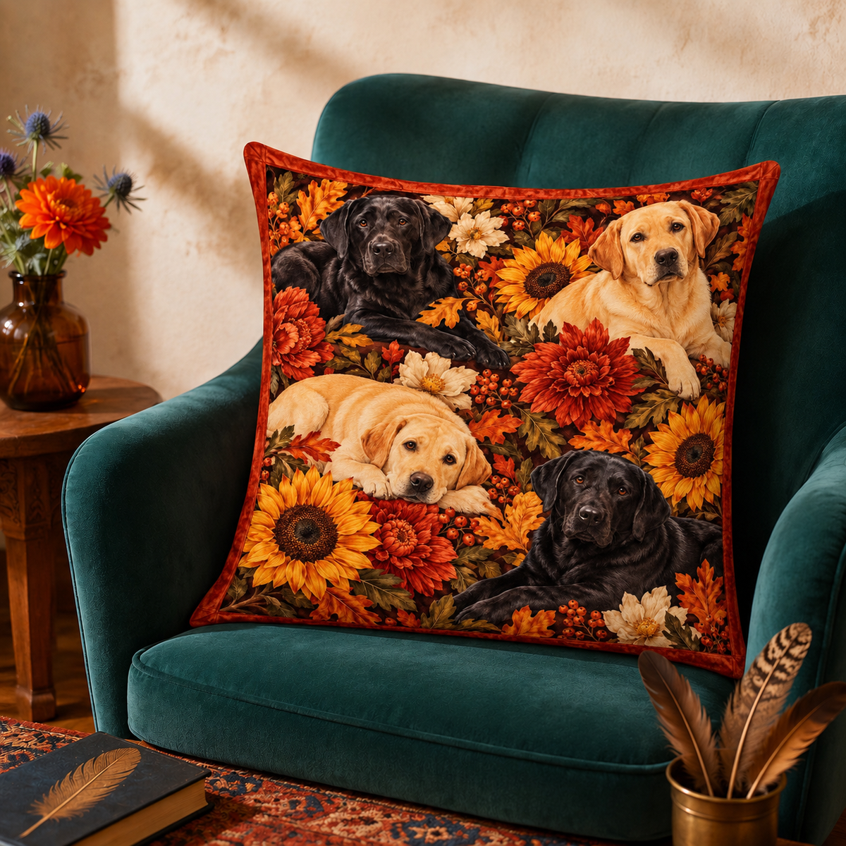 Autumn Floral Labradors cushion cover on a green velvet armchair — black and yellow Labs among sunflowers, chrysanthemums and autumn leaves