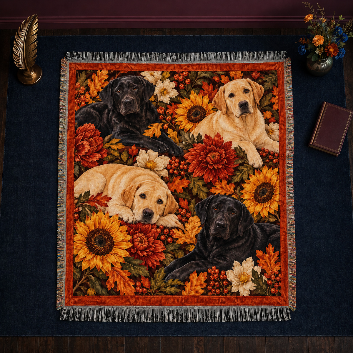 Autumn Floral Labradors woven throw blanket with fringed edges — black and yellow Labs among sunflowers, chrysanthemums and autumn leaves on a rust border