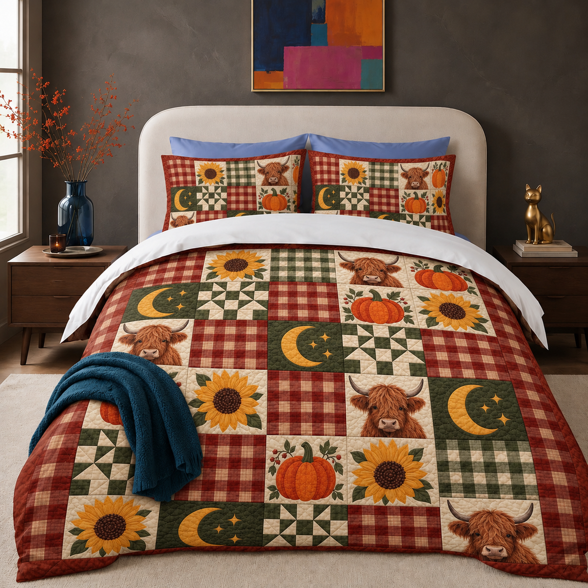 Autumn Plaid Highland Cow Patchwork comforter set on a made bed with two matching shams — plush plaid patchwork with pumpkins, sunflowers and highland cow faces