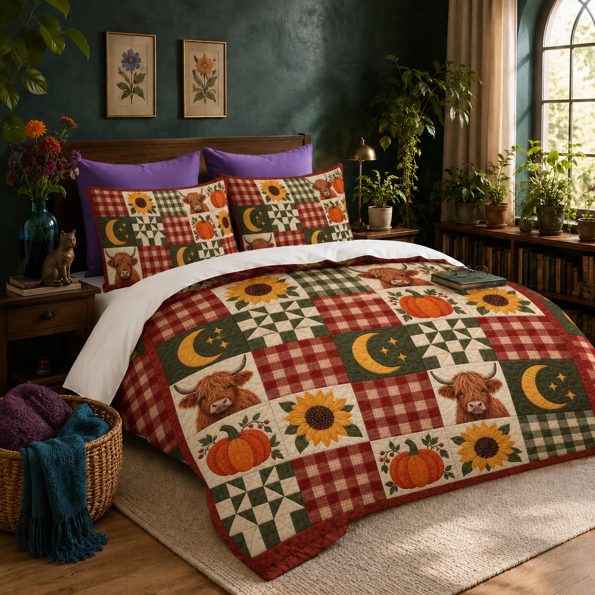 Autumn Plaid Highland Cow Patchwork duvet cover set on a made bed with two matching shams — plaid patchwork with pumpkins, sunflowers and highland cow faces