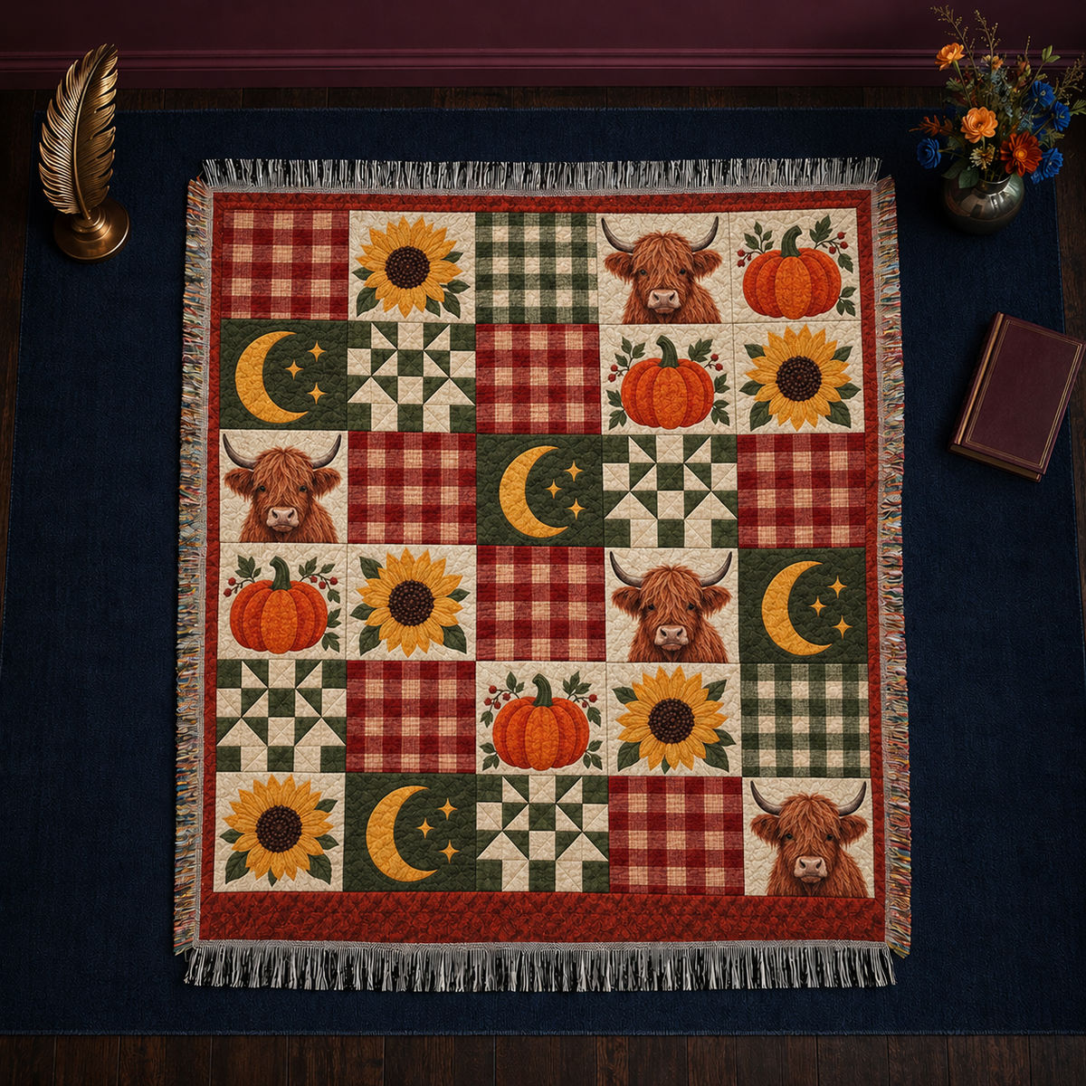 Autumn Plaid Highland Cow Patchwork woven throw blanket with fringed edges — plaid patchwork with pumpkins, sunflowers and highland cow faces