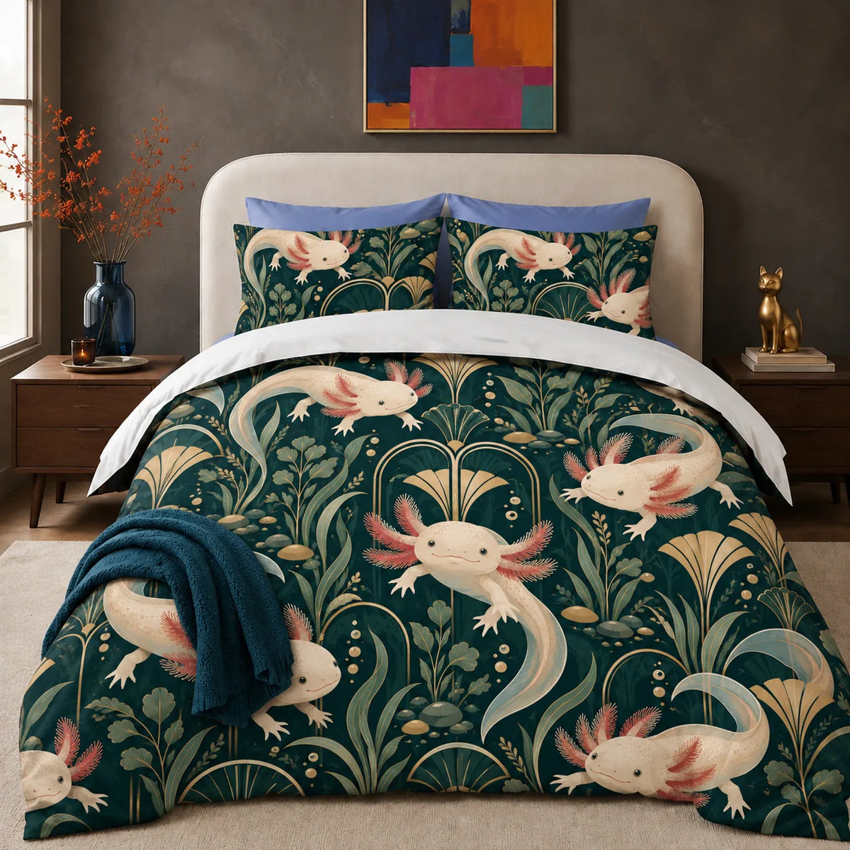 Art Deco Axolotl comforter set — cream axolotls among gold art deco fans, arches and sage leaves on deep teal