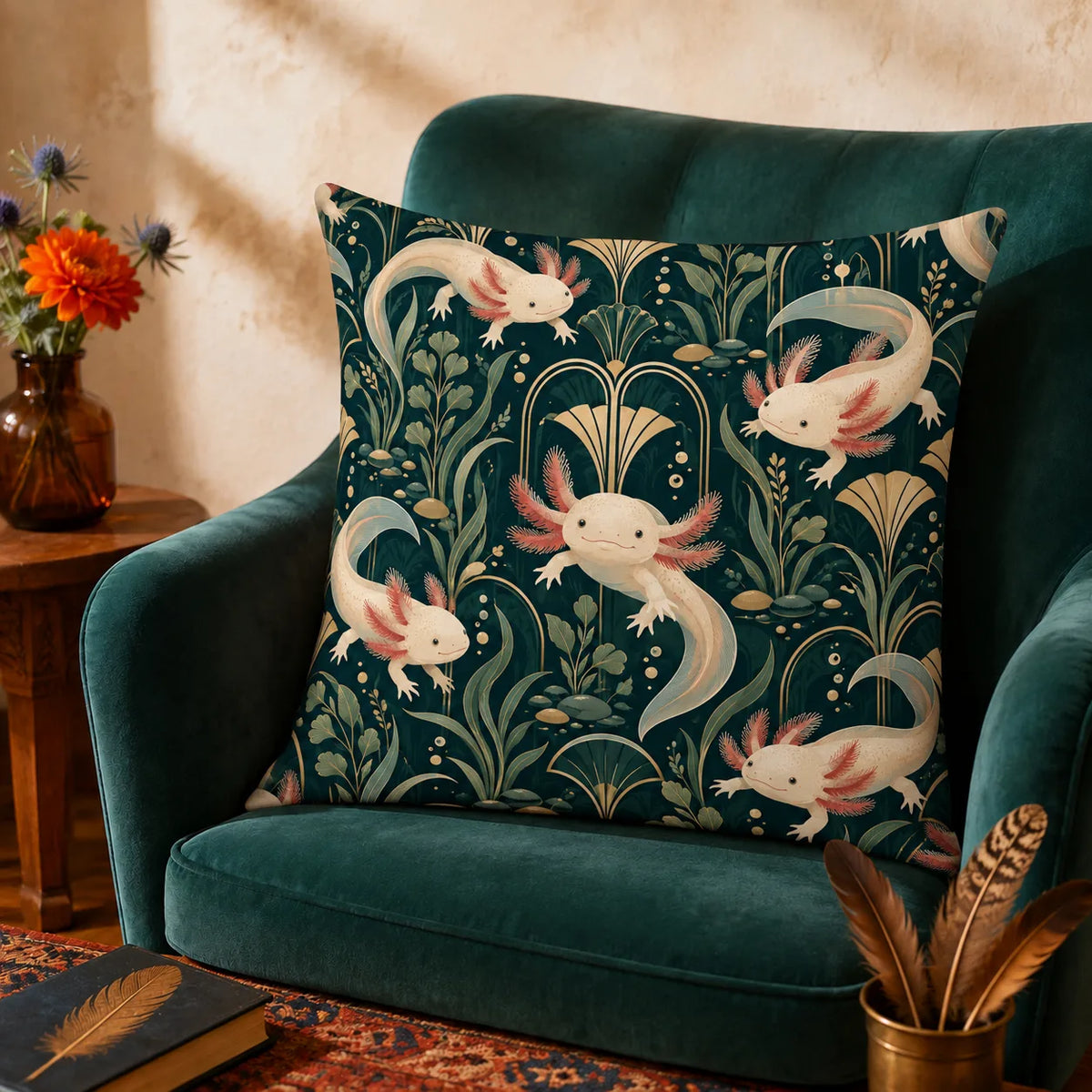 Art Deco Axolotl cushion cover set — cream axolotls among gold art deco fans, arches and sage leaves on deep teal