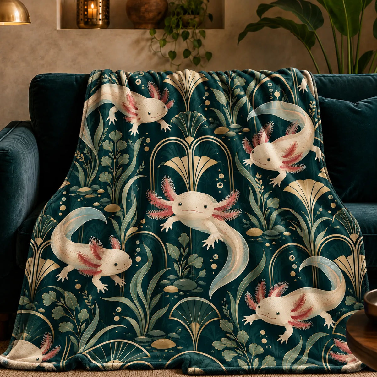 Art Deco Axolotl fleece throw blanket — cream axolotls among gold art deco fans, arches and sage leaves on deep teal