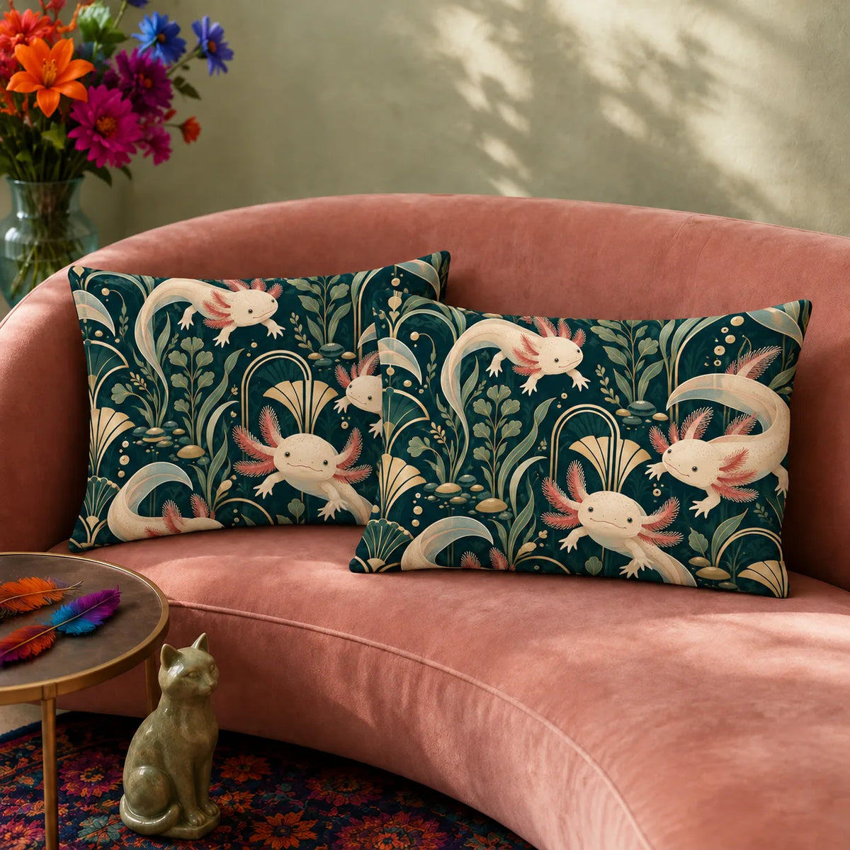 Art Deco Axolotl pillowcase set — cream axolotls among gold art deco fans, arches and sage leaves on deep teal