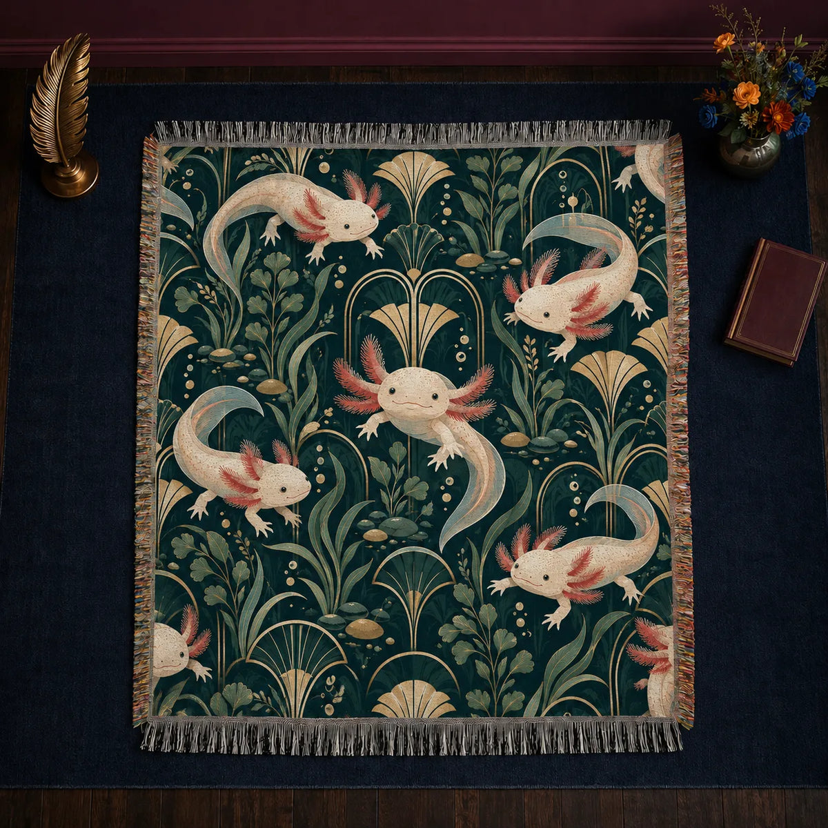 Art Deco Axolotl woven throw blanket — cream axolotls among gold art deco fans, arches and sage leaves on deep teal