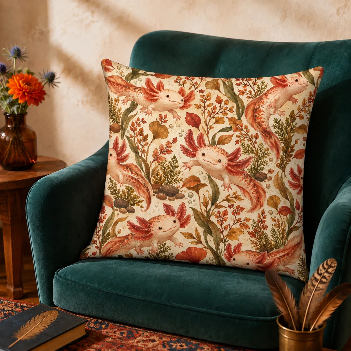 Autumn Copper Axolotl cushion cover set — peach axolotls among copper, rust and gold leaves, ginkgo and pebbles on cream