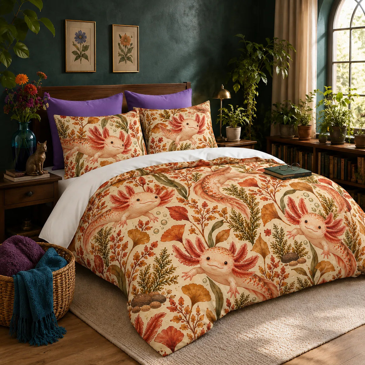Autumn Copper Axolotl duvet cover set — peach axolotls among copper, rust and gold leaves, ginkgo and pebbles on cream